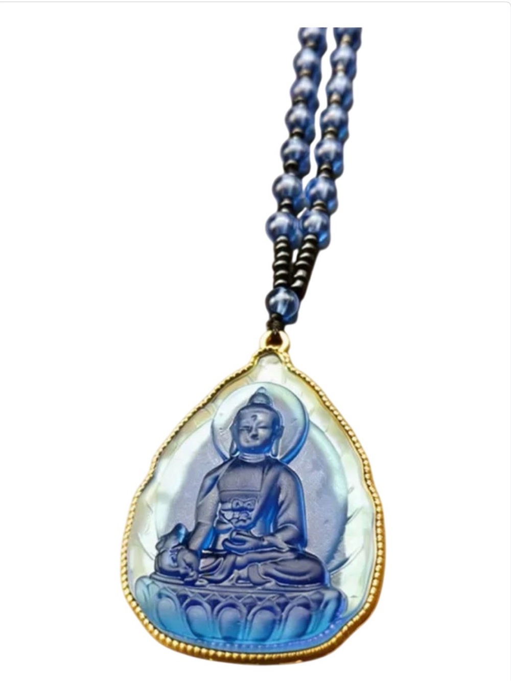 Blue Buddha Glass Pendant Necklace NIP